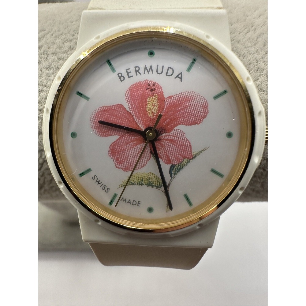BERMUDA Watch 1980s New Battery 33MM 8" White Strap‎ Pink Hibiscus Dial Unisex X